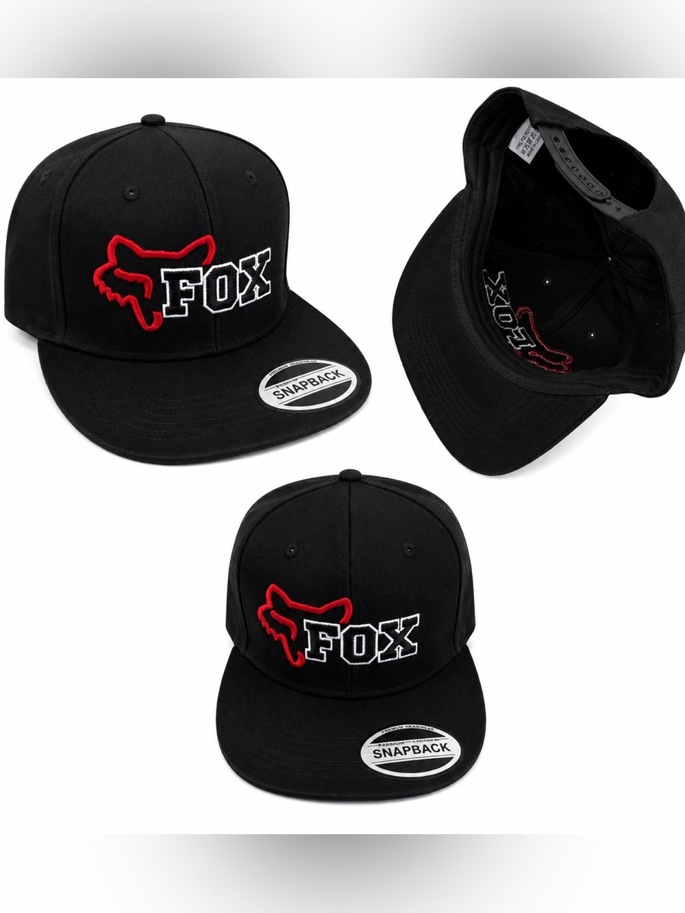 Fox racing Black Snapback Hat with Red & White Logo Fox racing hat embroidered